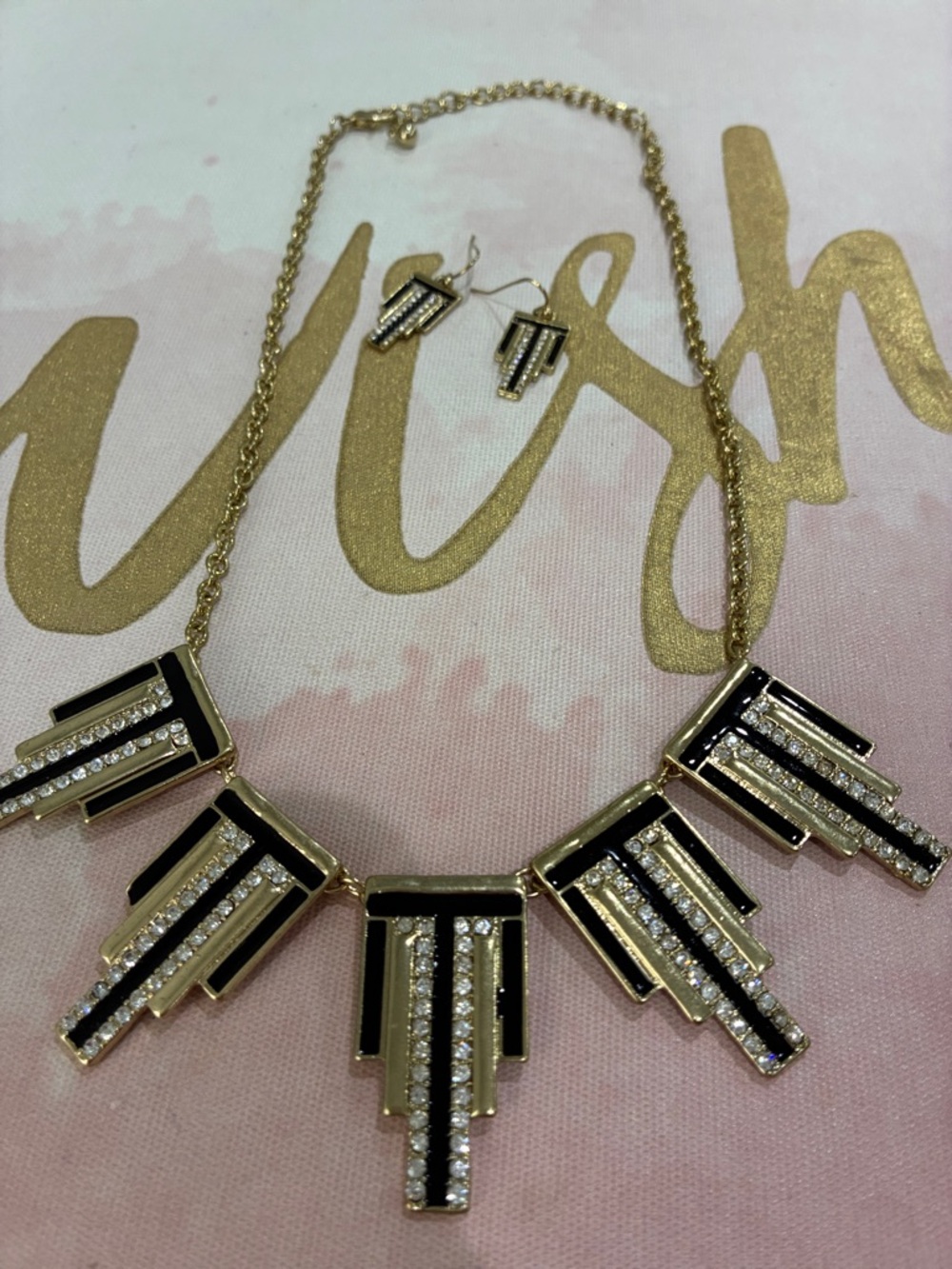 Gold Black Art Deco Statement Necklace and Earring Set